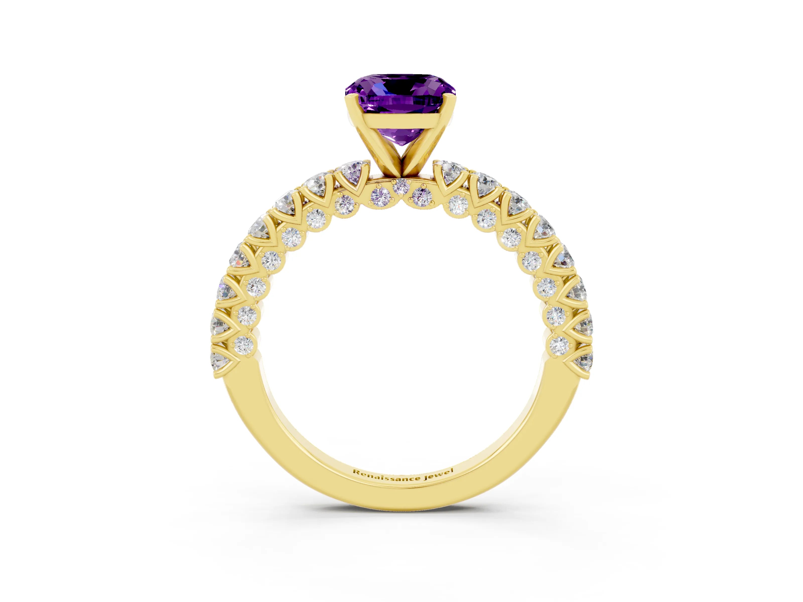 Yellow gold Cushion Cut Diamond Pavé Band Solitaire Ring with Prong Setting_3