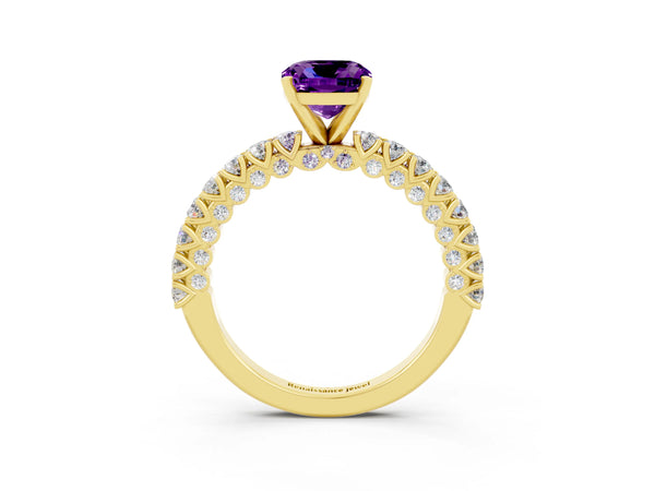 Yellow gold Cushion Cut Amethyst Solitaire Ring with Round Accent Pavé Band and Prong Setting