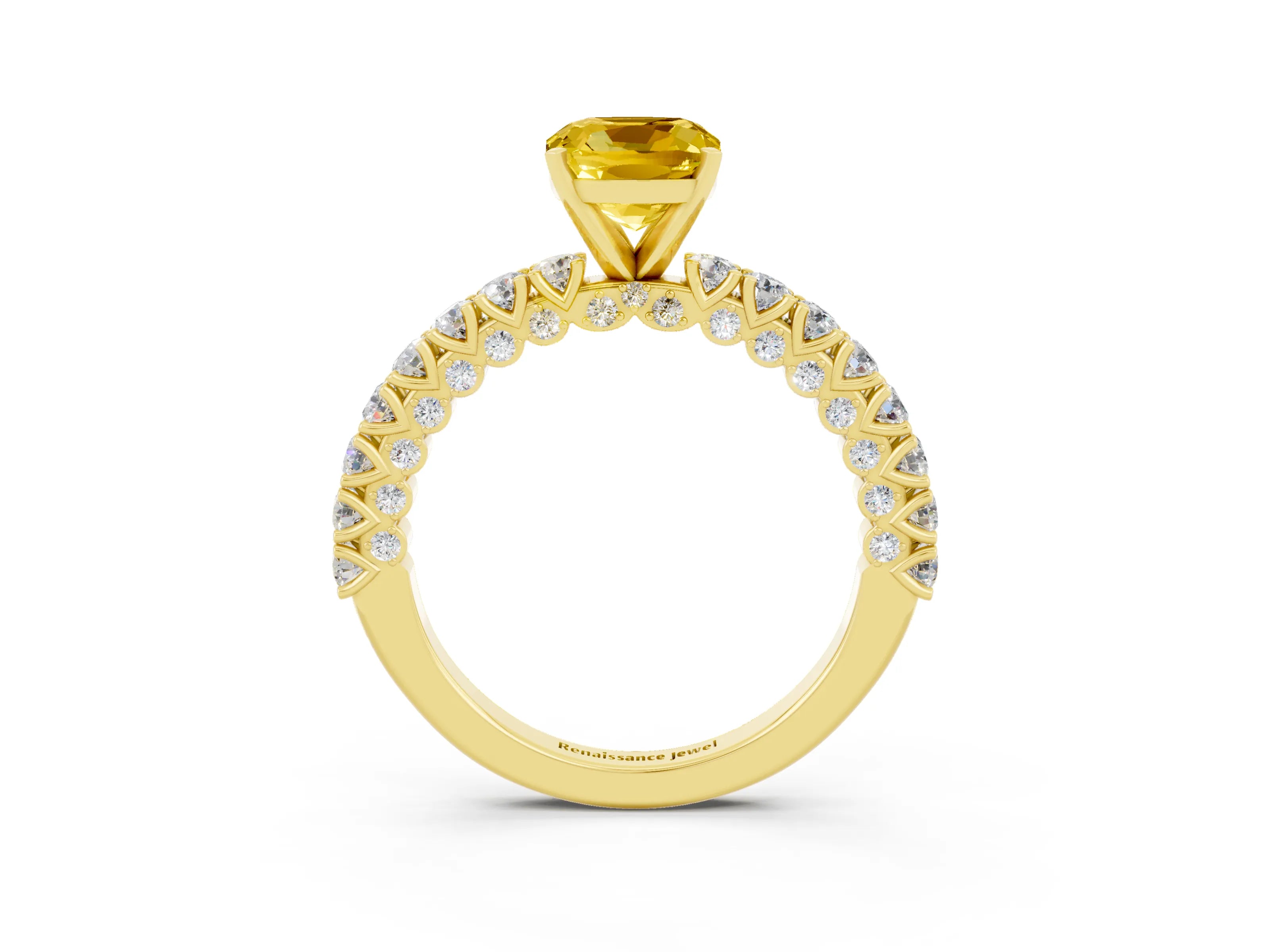 Yellow gold Cushion Cut Diamond Pavé Band Solitaire Ring with Prong Setting_3
