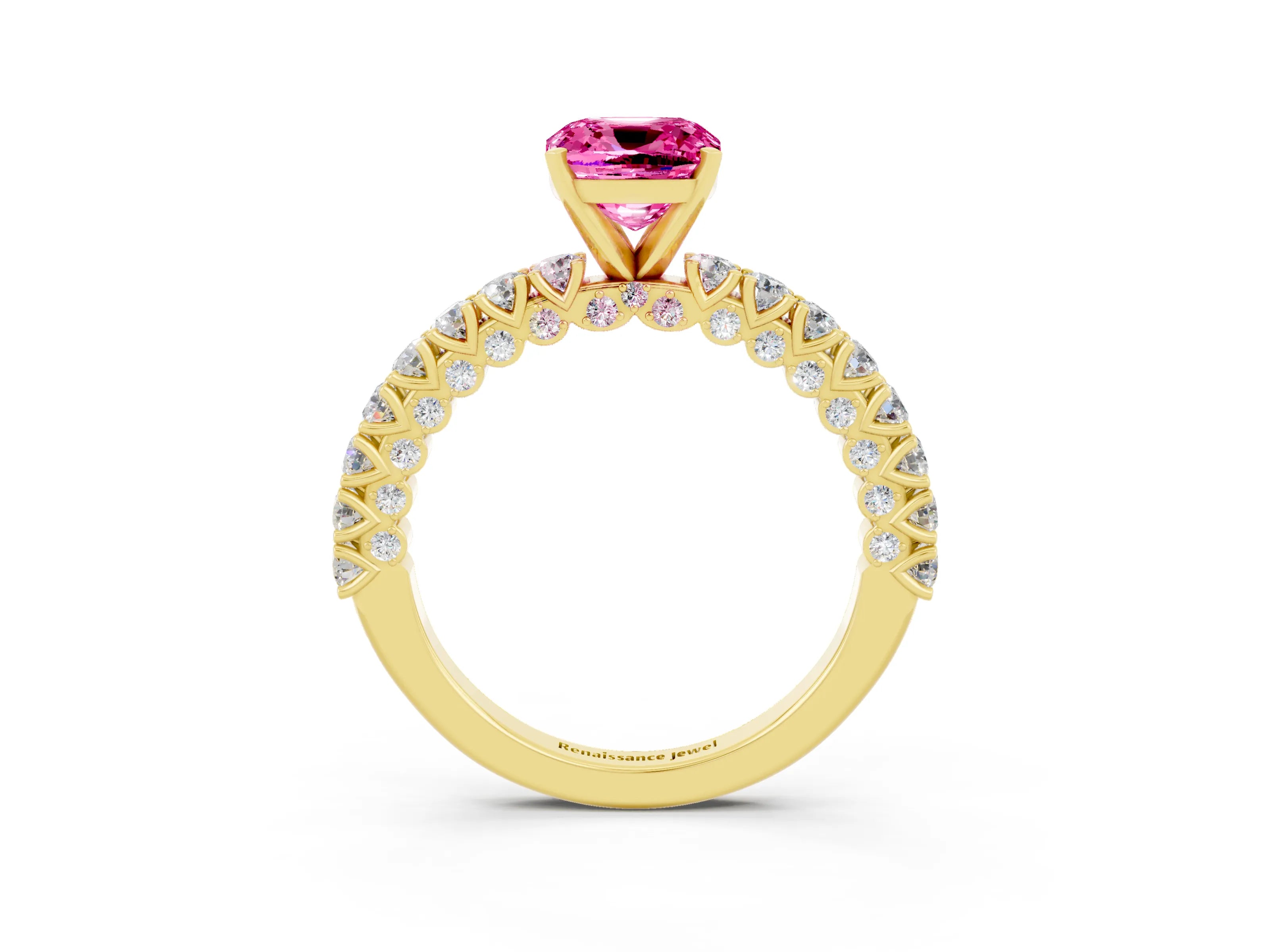 Yellow gold Cushion Cut Diamond Pavé Band Solitaire Ring with Prong Setting_3