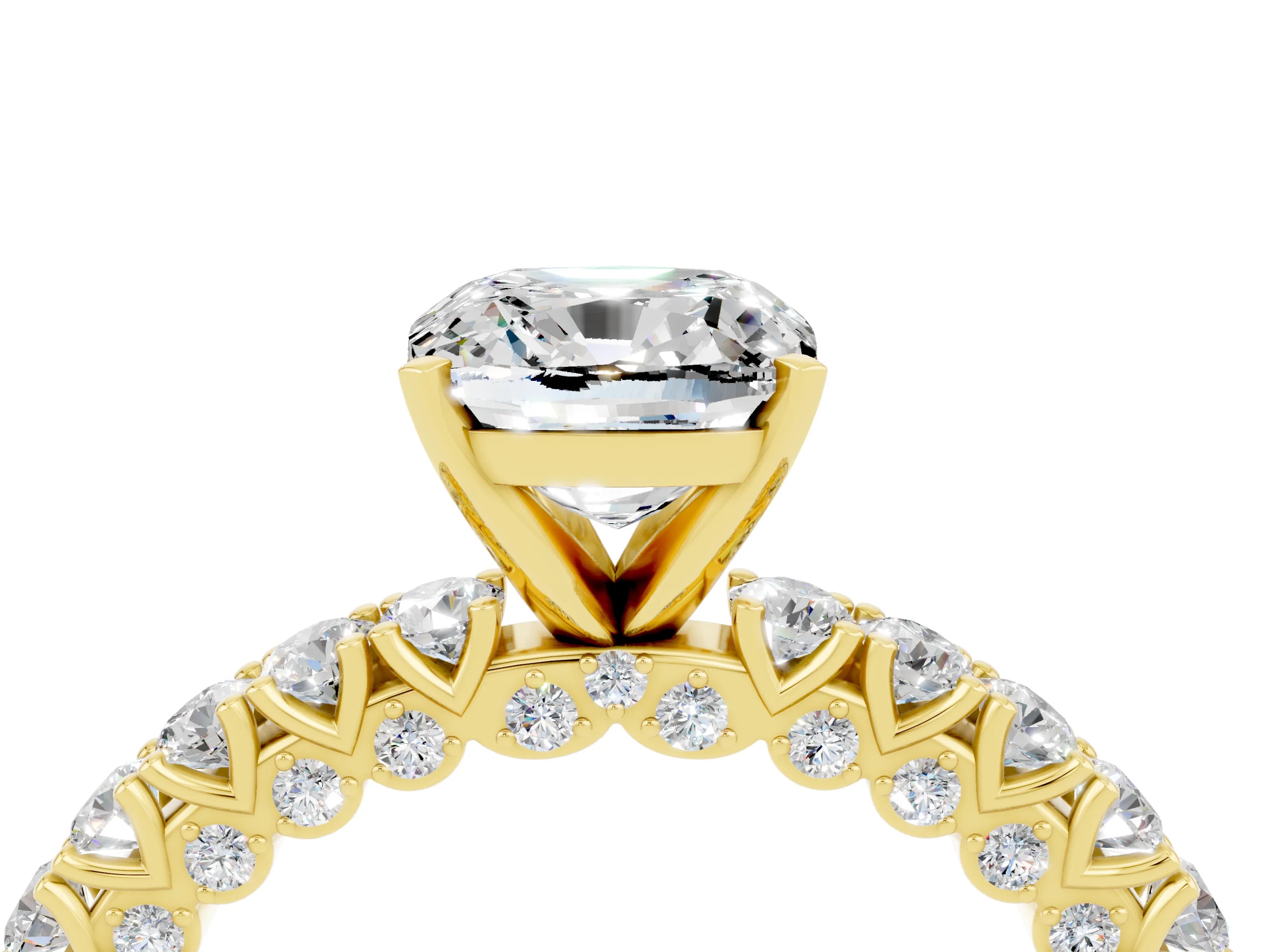 Yellow gold Cushion Cut Diamond Pavé Band Solitaire Ring with Prong Setting_4