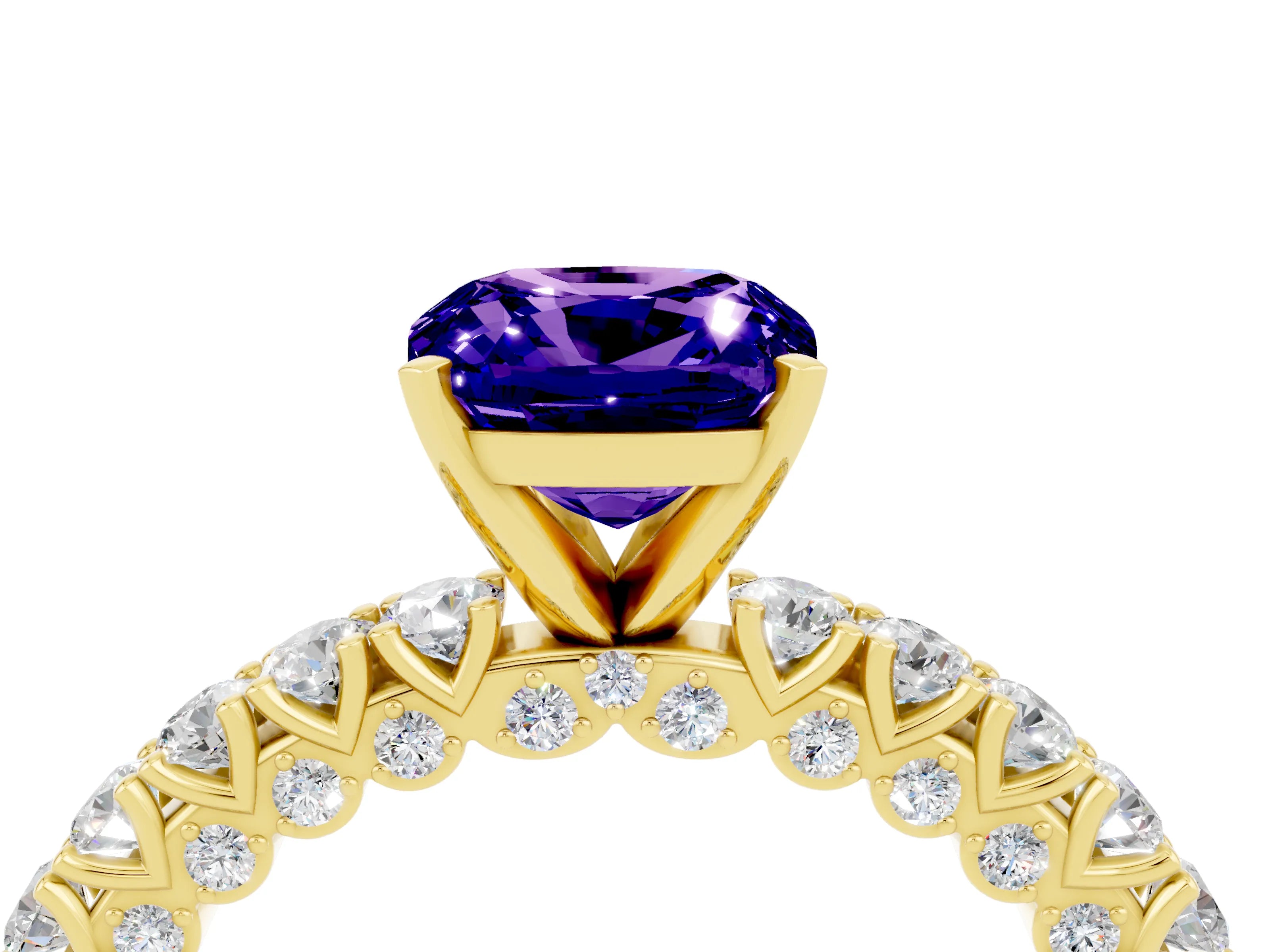 Yellow gold Cushion Cut Diamond Pavé Band Solitaire Ring with Prong Setting_4