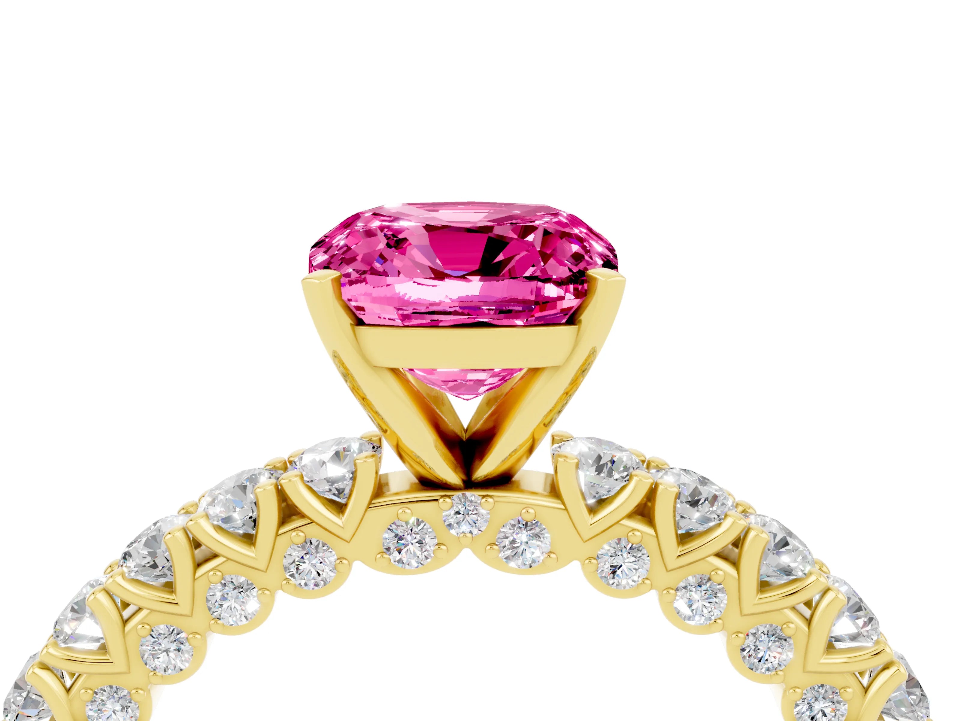 Yellow gold Cushion Cut Diamond Pavé Band Solitaire Ring with Prong Setting_4