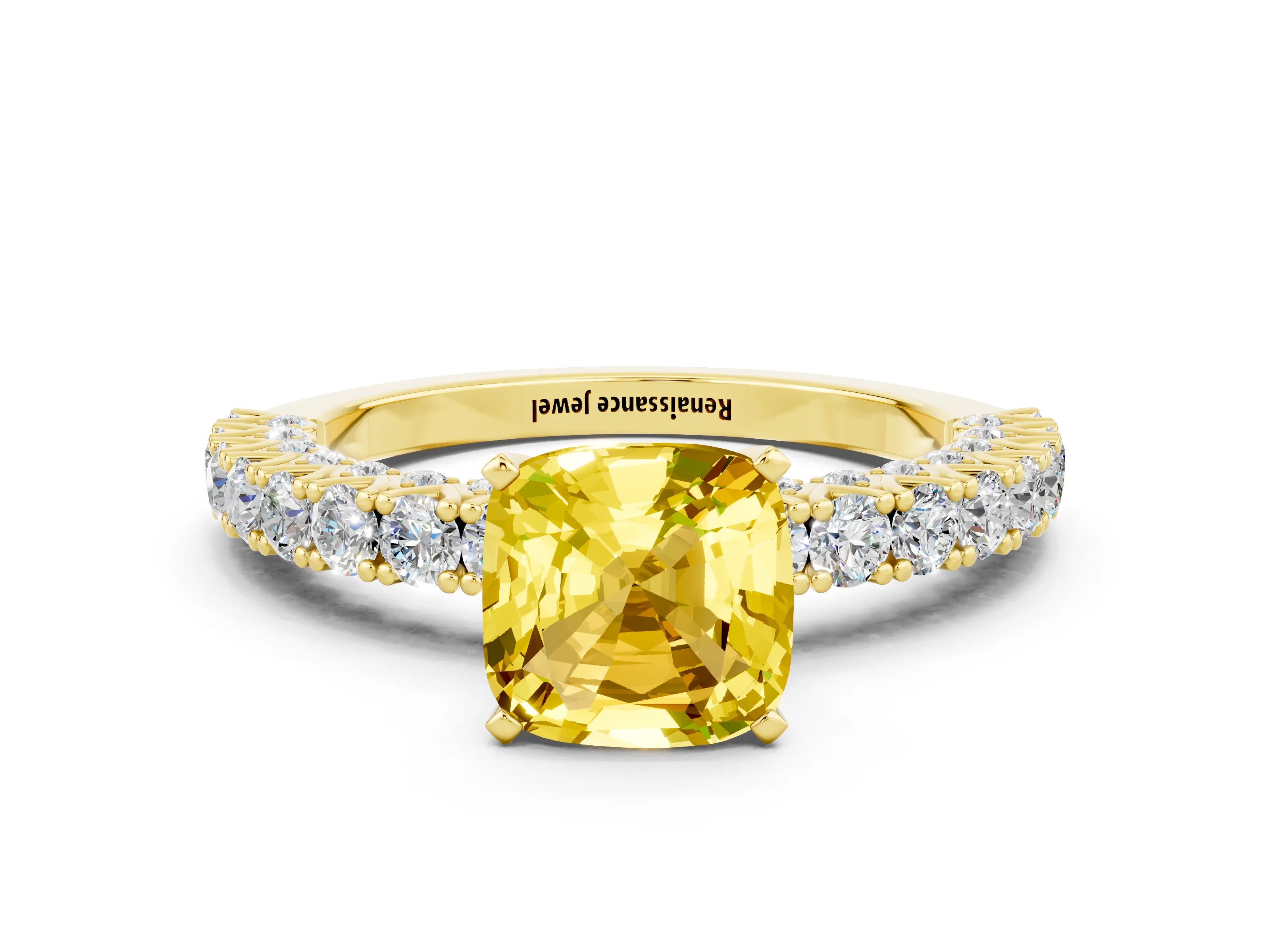 Yellow gold Cushion Cut Diamond Pavé Band Solitaire Ring with Prong Setting