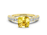 Yellow gold Cushion Cut Diamond Pavé Band Solitaire Ring with Prong Setting