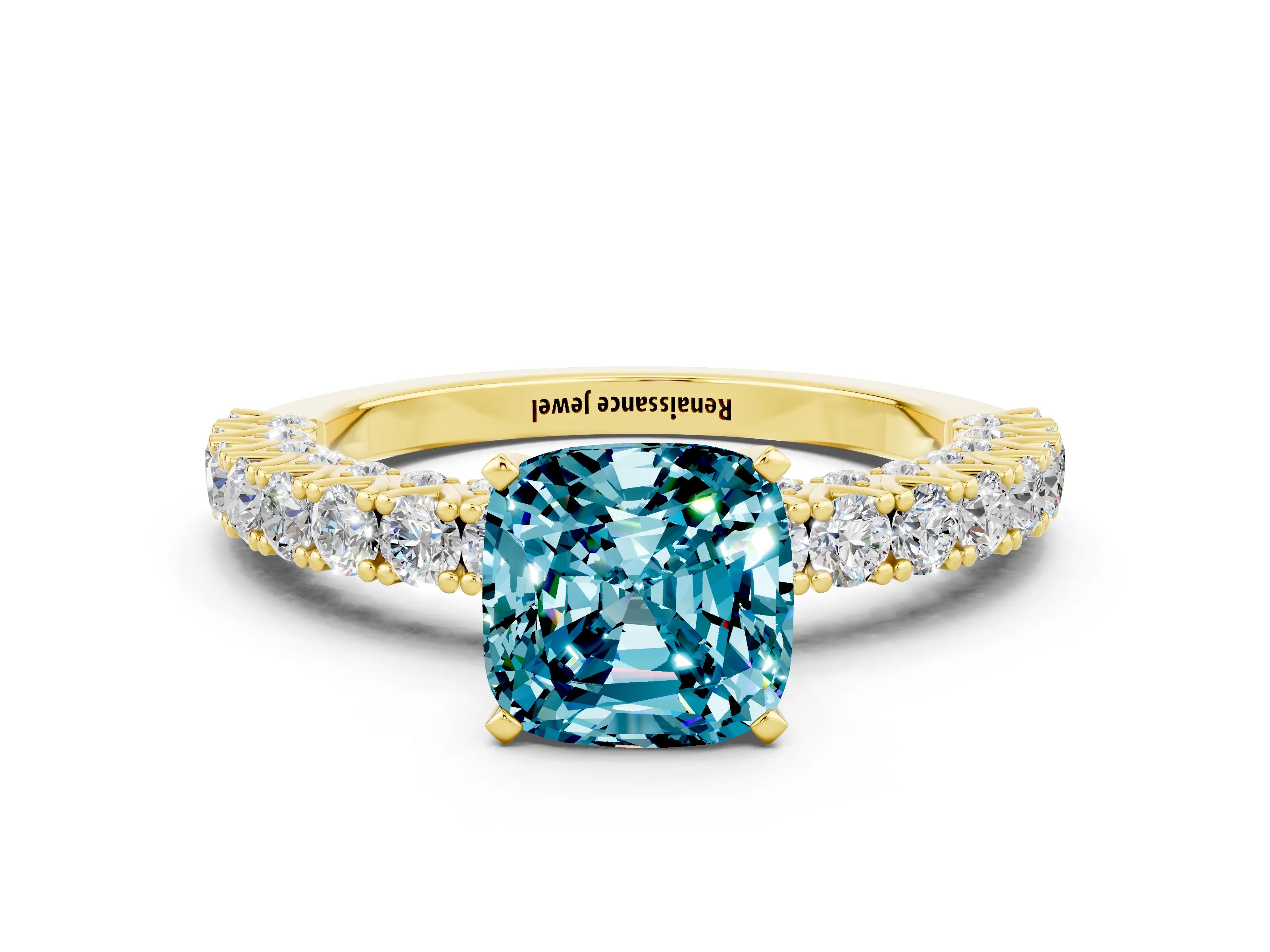 Yellow gold Cushion Cut Diamond Pavé Band Solitaire Ring with Prong Setting