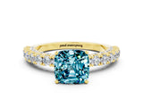 Yellow gold Cushion Cut Diamond Pavé Band Solitaire Ring with Prong Setting