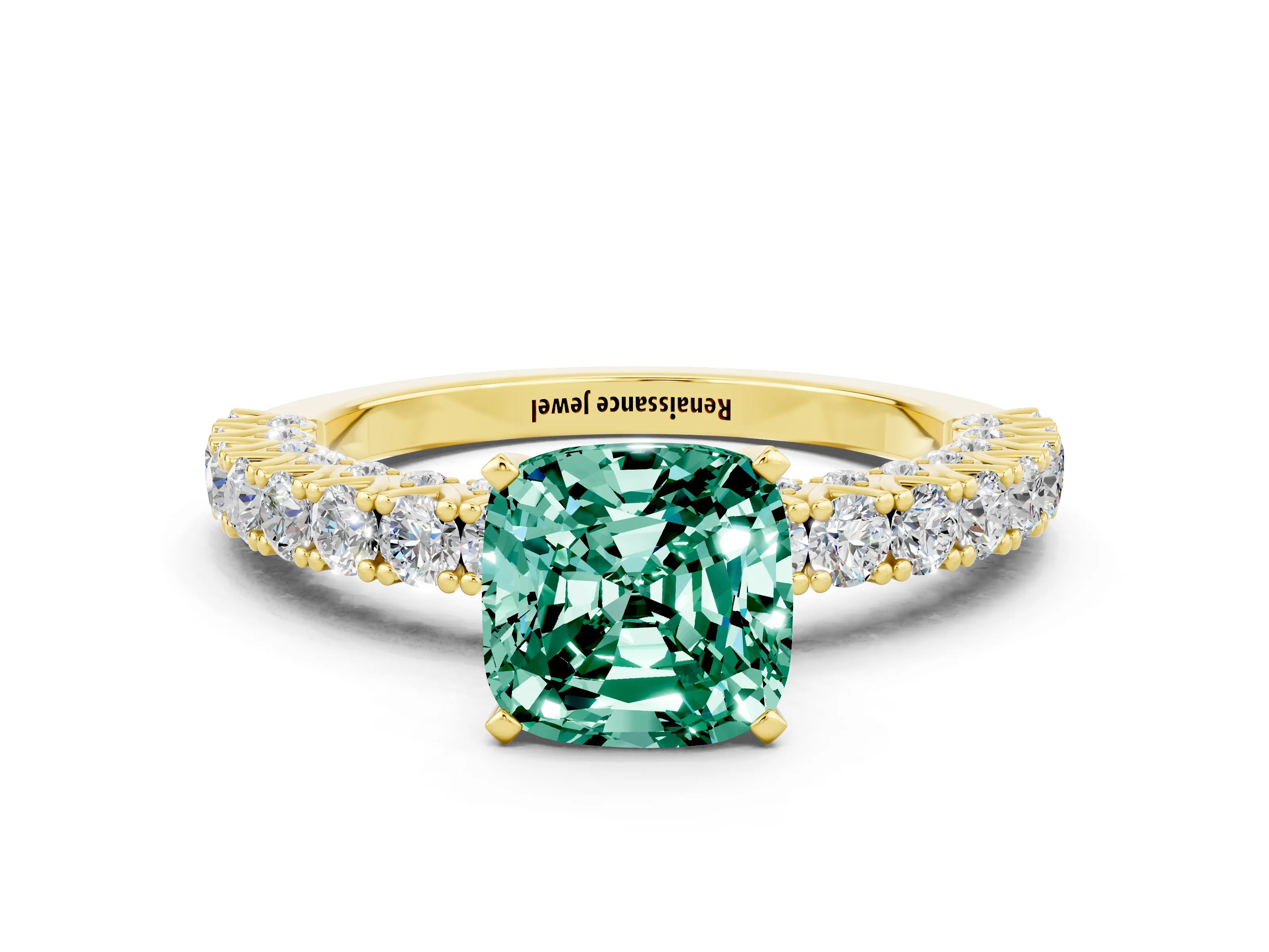 Yellow gold Cushion Cut Diamond Pavé Band Solitaire Ring with Prong Setting