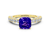 Yellow gold Cushion Cut Diamond Pavé Band Solitaire Ring with Prong Setting