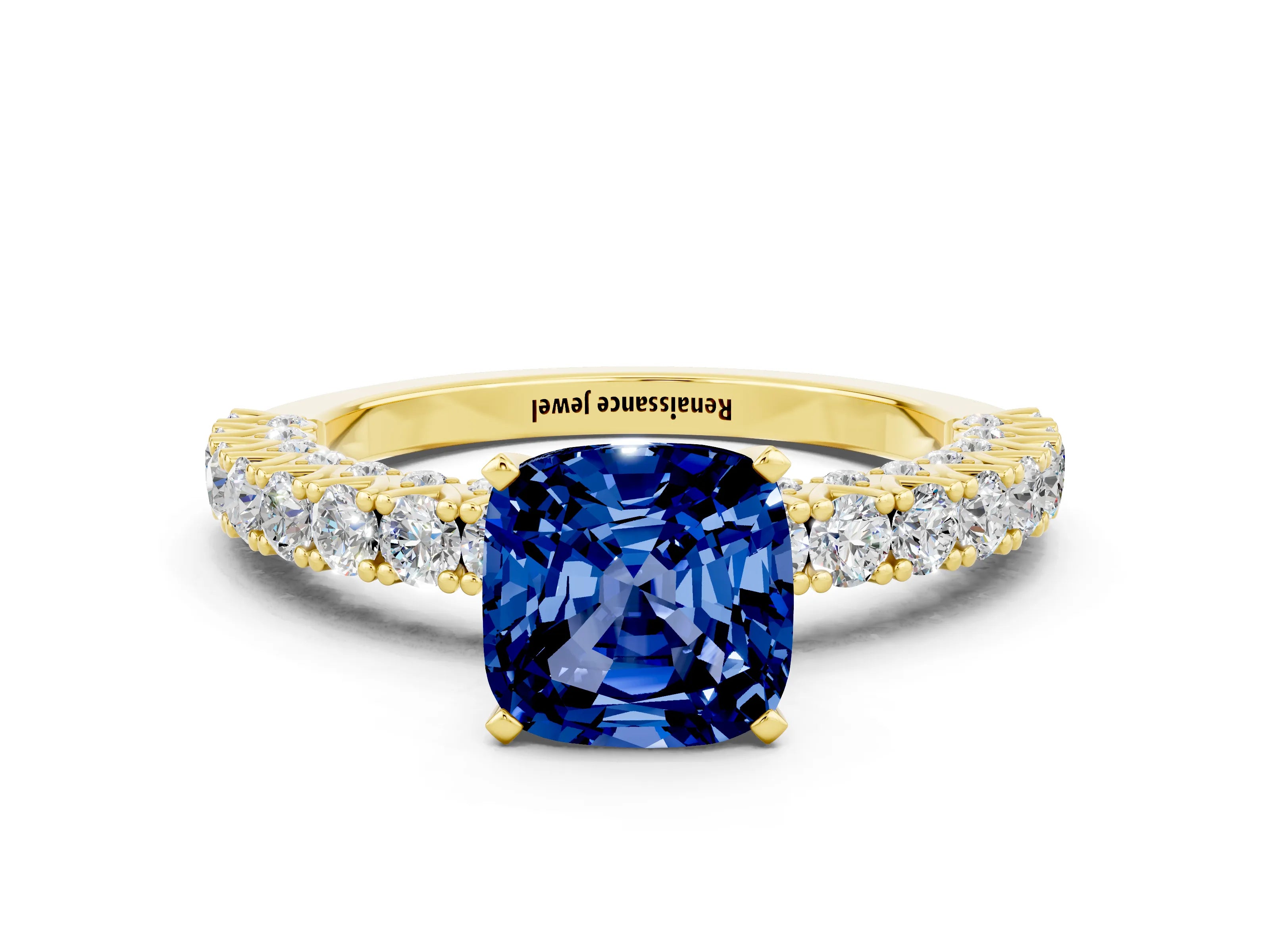 Yellow gold Cushion Cut Diamond Pavé Band Solitaire Ring with Prong Setting