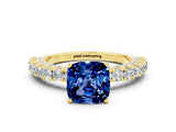 Yellow gold Cushion Cut Diamond Pavé Band Solitaire Ring with Prong Setting