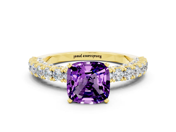 Yellow gold Cushion Cut Amethyst Solitaire Ring with Round Accent Pavé Band and Prong Setting