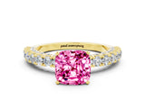 Yellow gold Cushion Cut Diamond Pavé Band Solitaire Ring with Prong Setting