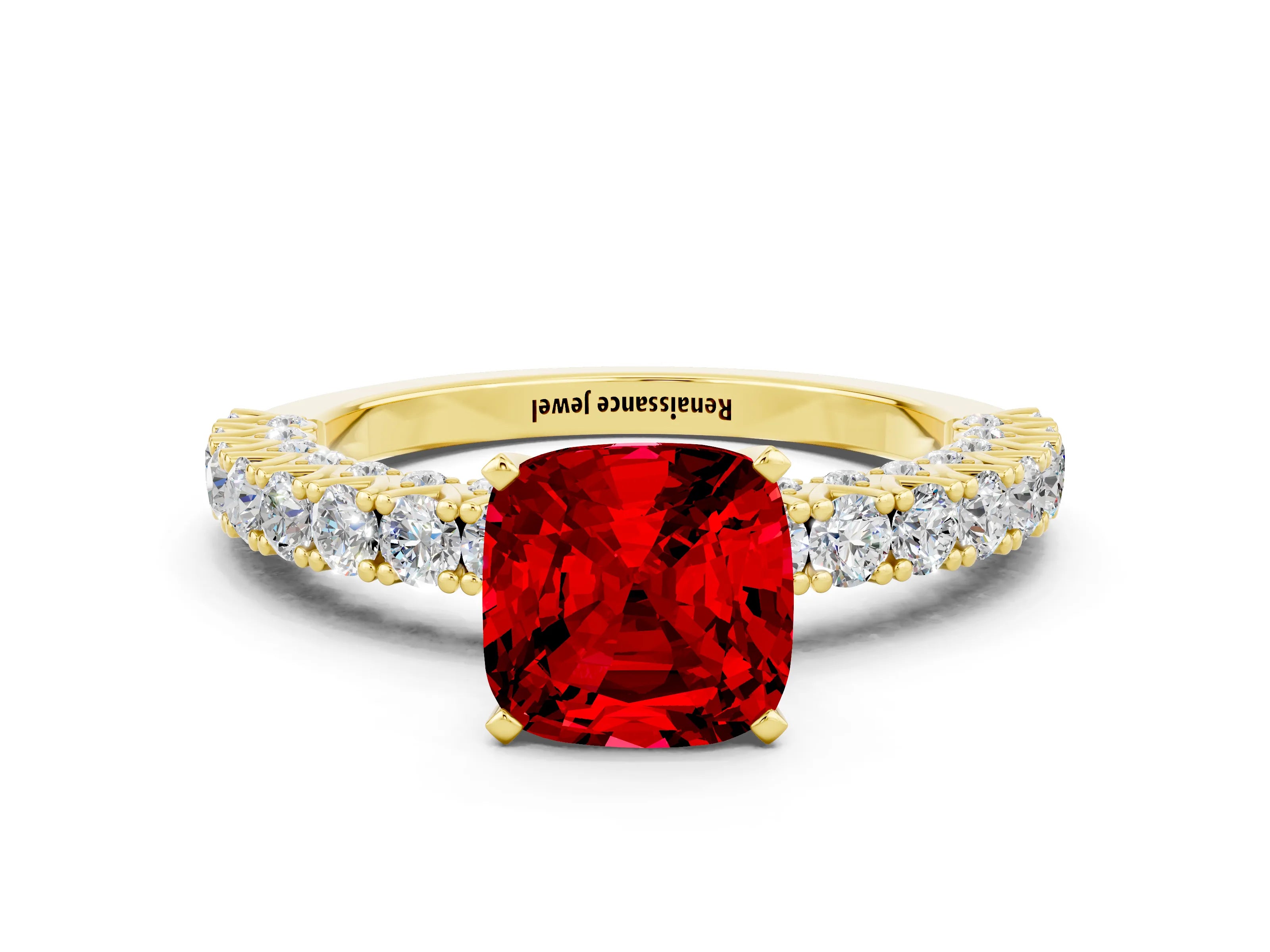 Yellow gold Cushion Cut Diamond Pavé Band Solitaire Ring with Prong Setting