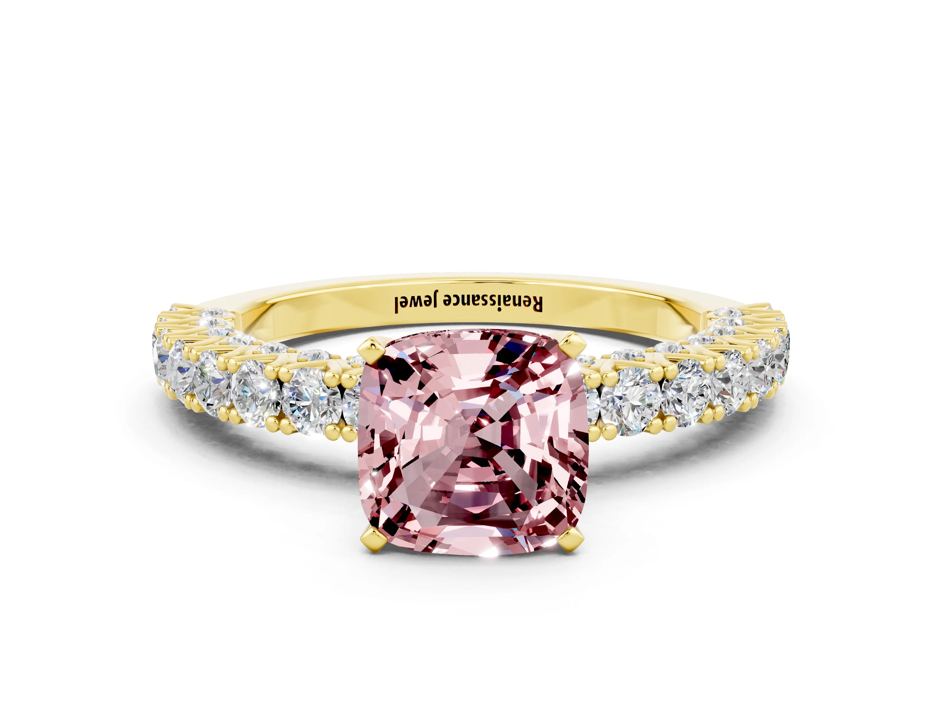Yellow gold Cushion Cut Diamond Pavé Band Solitaire Ring with Prong Setting