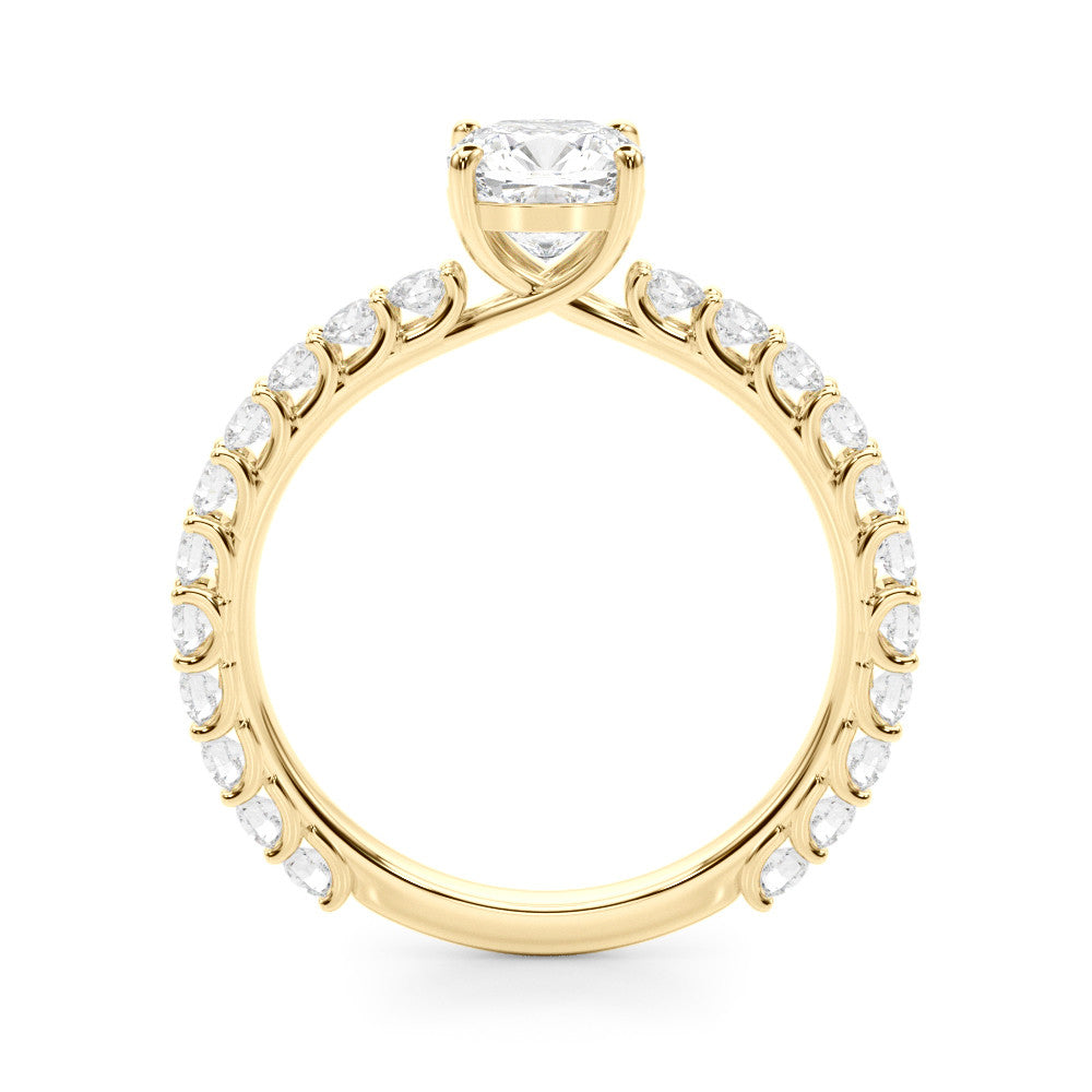 Yellow gold Cushion Cut Diamond Pavé Band Solitaire with Four-Prong Setting
