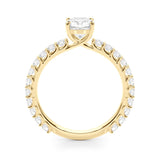 Yellow gold Cushion Cut Diamond Pavé Band Solitaire with Four-Prong Setting