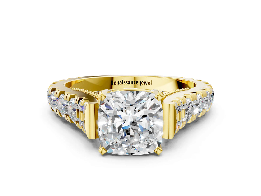 Yellow gold Cushion Cut Diamond Pavé Band Solitaire with Four-Prong Setting_16