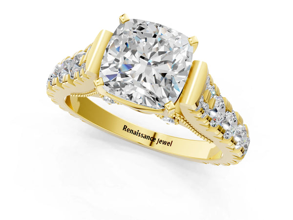Yellow gold Cushion Cut Diamond Classic Solitaire Ring with Pavé Band and Four-Prong Setting