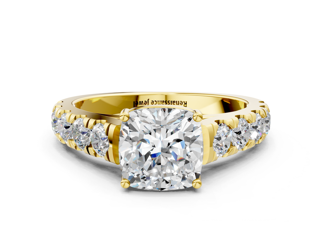 Yellow gold Cushion Cut Diamond Pavé Band Solitaire with Four-Prong Setting_25