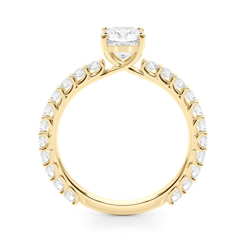 Yellow gold Cushion Cut Diamond Pavé Band Solitaire with Four-Prong Setting