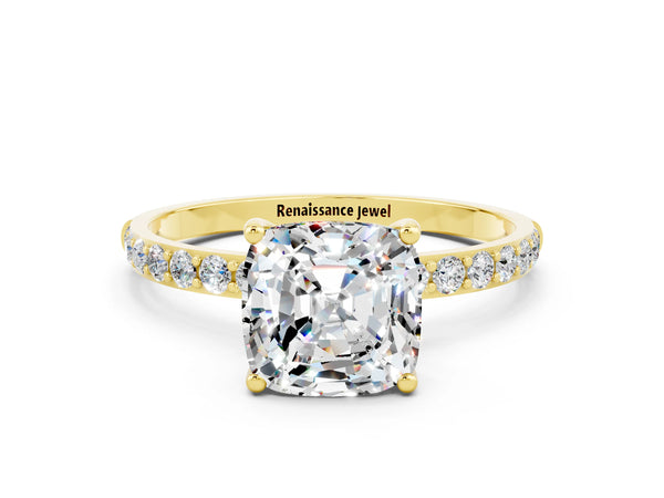 Yellow gold Cushion Cut Moissanite Solitaire Ring with Round Pavé Shoulders and Prong Setting