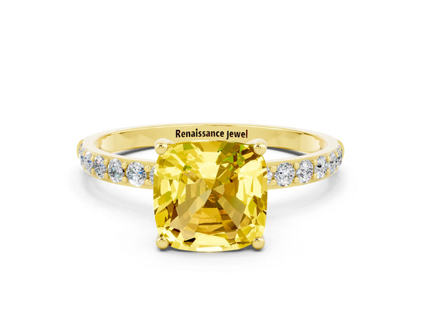 Yellow gold Cushion Cut Yellow Sapphire Solitaire Ring with Round Pavé Shoulders and Prong Setting