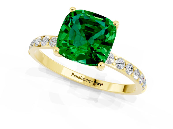 Yellow gold Cushion Cut Emerald Solitaire Ring with Round Pavé Shoulders and Prong Setting