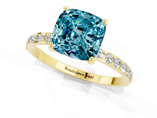 Yellow gold Cushion Cut Diamond Pavé Band with Six-Prong Setting