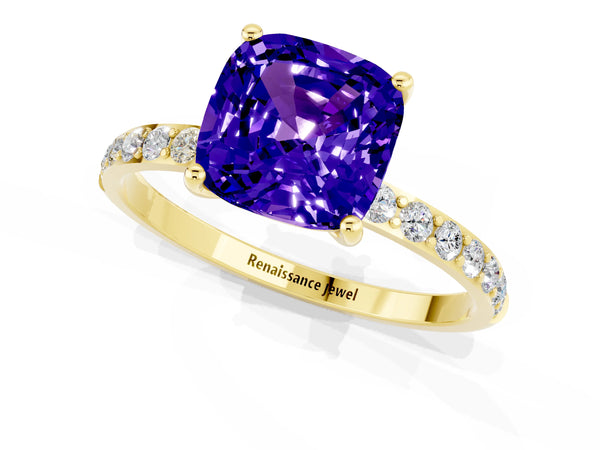 Yellow gold Cushion Cut Tanzanite Solitaire Ring with Round Pavé Shoulders and Prong Setting