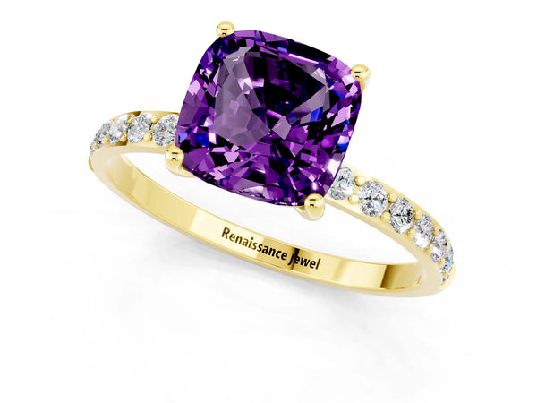Yellow gold Cushion Cut Amethyst Solitaire Ring with Round Pavé Shoulders and Prong Setting