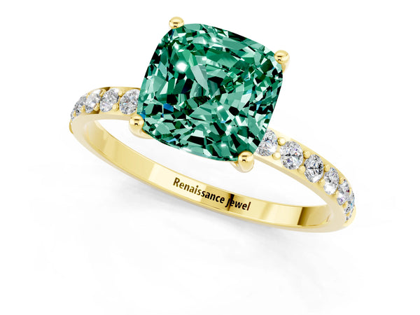 Yellow gold Cushion Cut Green Sapphire Solitaire Ring with Round Pavé Shoulders and Prong Setting