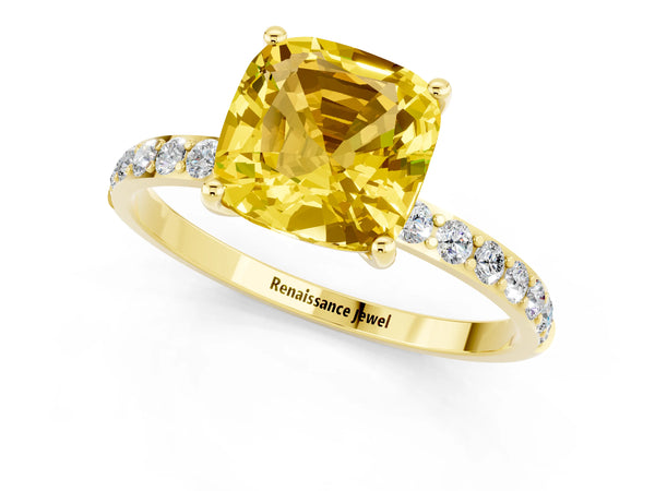 Yellow gold Cushion Cut Yellow Sapphire Solitaire Ring with Round Pavé Shoulders and Prong Setting