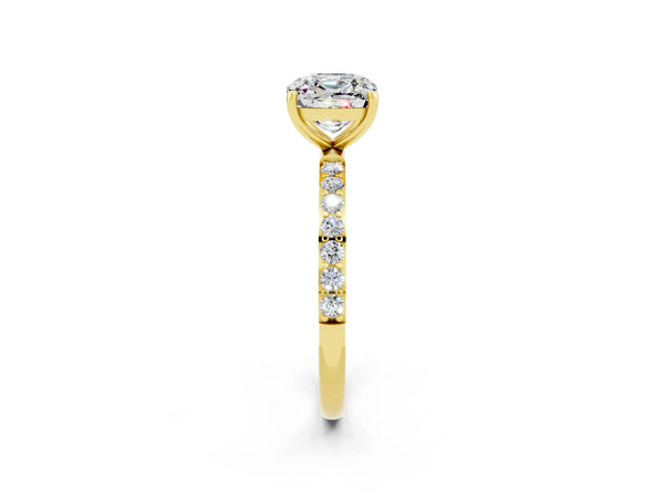 Yellow gold Cushion Cut Moissanite Solitaire Ring with Round Pavé Shoulders and Prong Setting
