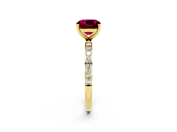 Yellow gold Cushion Cut Garnet Solitaire Ring with Round Pavé Shoulders and Prong Setting