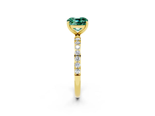 Yellow gold Cushion Cut Green Sapphire Solitaire Ring with Round Pavé Shoulders and Prong Setting