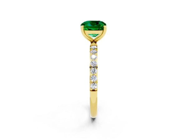 Yellow gold Cushion Cut Emerald Solitaire Ring with Round Pavé Shoulders and Prong Setting