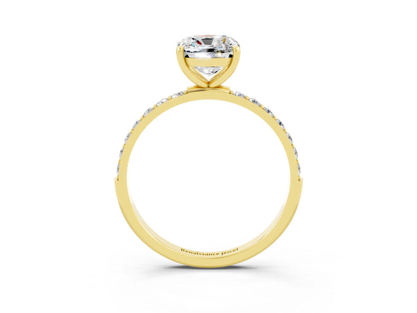 Yellow gold Cushion Cut Moissanite Solitaire Ring with Round Pavé Shoulders and Prong Setting