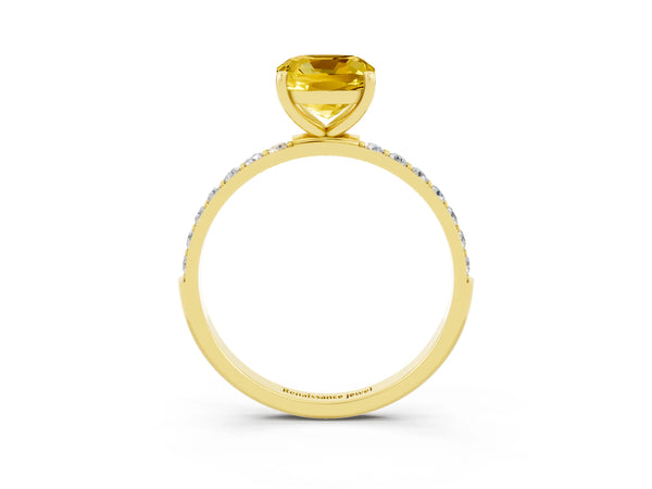 Yellow gold Cushion Cut Yellow Sapphire Solitaire Ring with Round Pavé Shoulders and Prong Setting