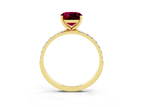 Yellow gold Cushion Cut Garnet Solitaire Ring with Round Pavé Shoulders and Prong Setting