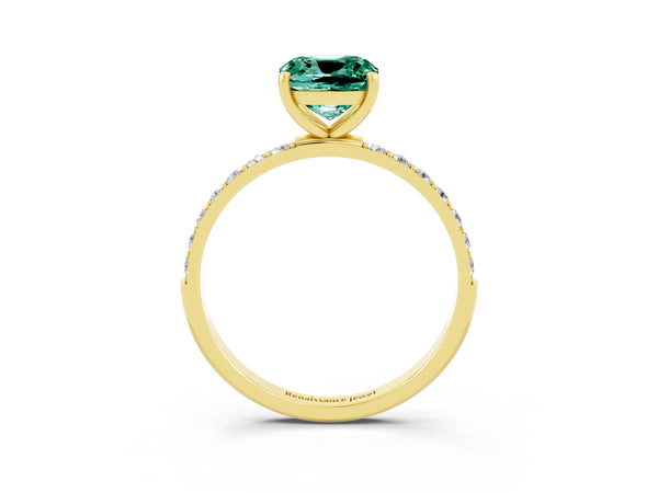 Yellow gold Cushion Cut Green Sapphire Solitaire Ring with Round Pavé Shoulders and Prong Setting