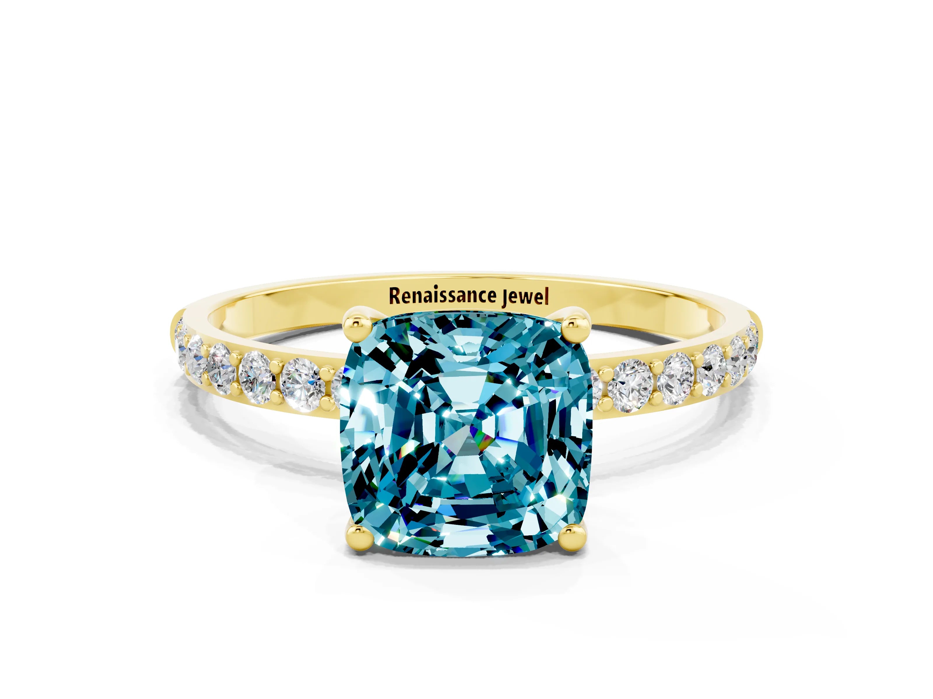 Yellow gold Cushion Cut Diamond Pavé Band with Six-Prong Setting