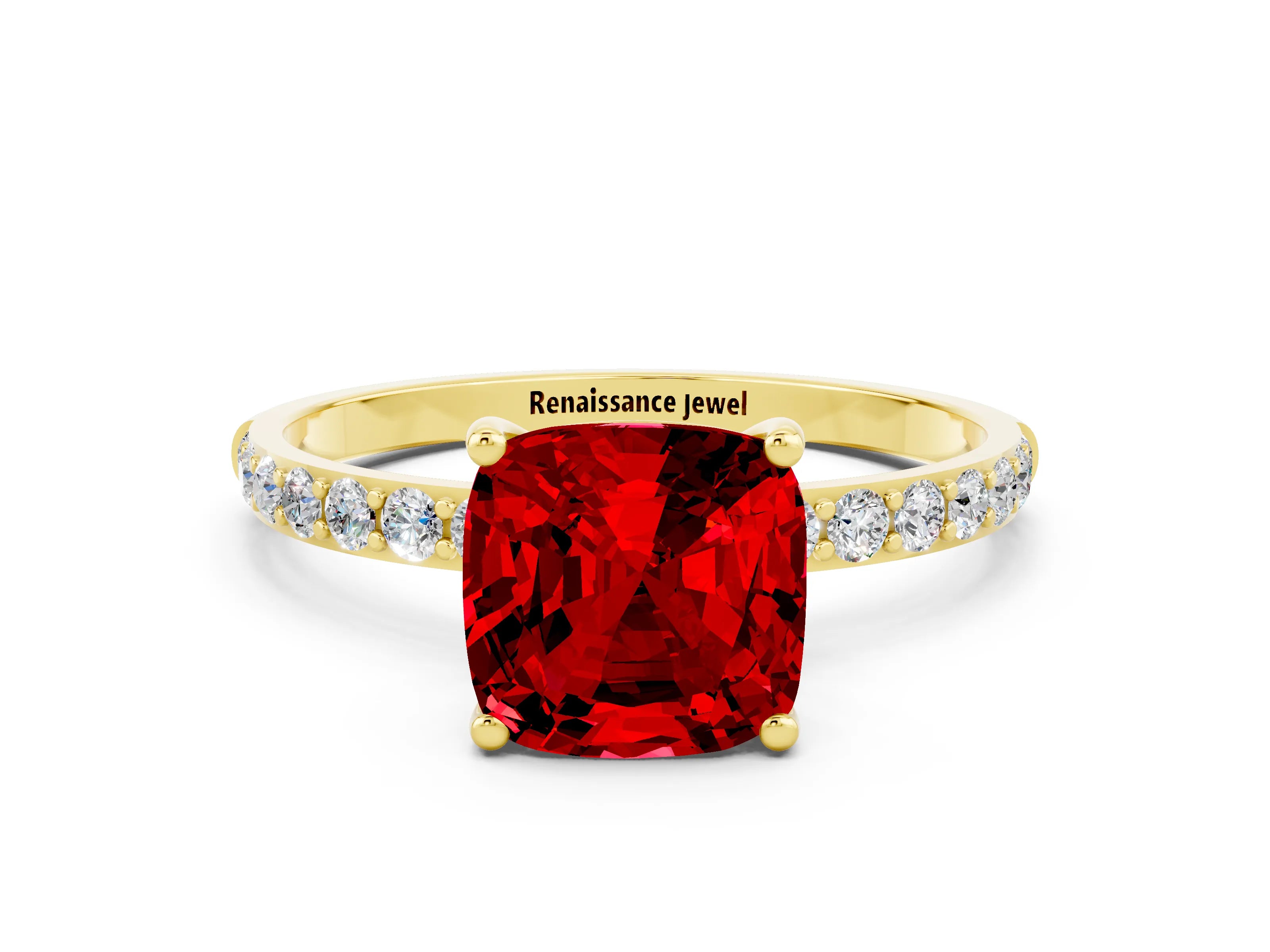 Yellow gold Cushion Cut Diamond Pavé Band with Six-Prong Setting