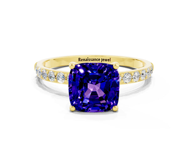 Yellow gold Cushion Cut Tanzanite Solitaire Ring with Round Pavé Shoulders and Prong Setting