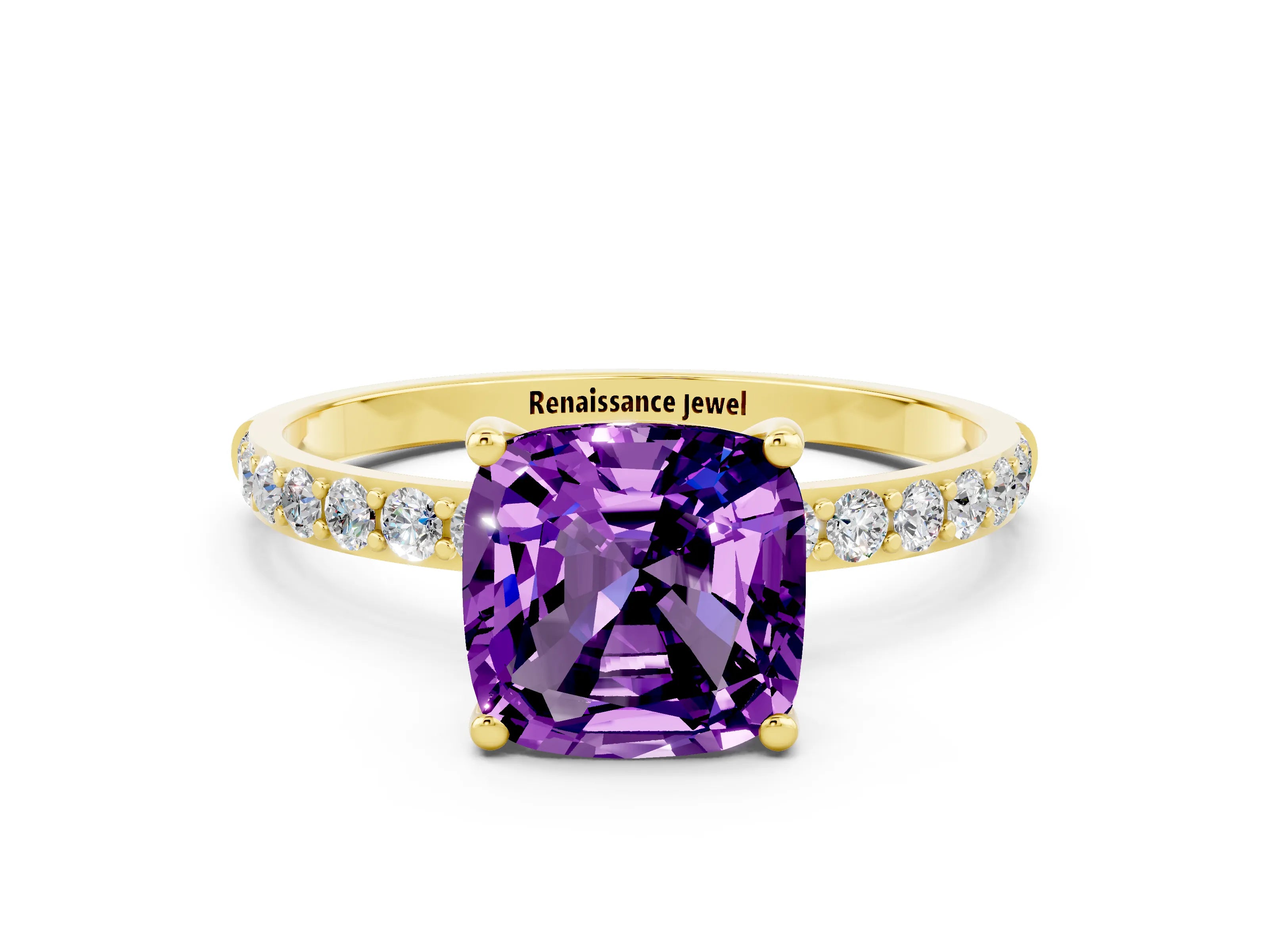 Yellow gold Cushion Cut Diamond Pavé Band with Six-Prong Setting