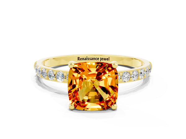 Yellow gold Cushion Cut Citrine Solitaire Ring with Round Pavé Shoulders and Prong Setting