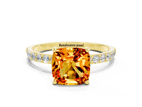 Yellow gold Cushion Cut Diamond Pavé Band with Six-Prong Setting
