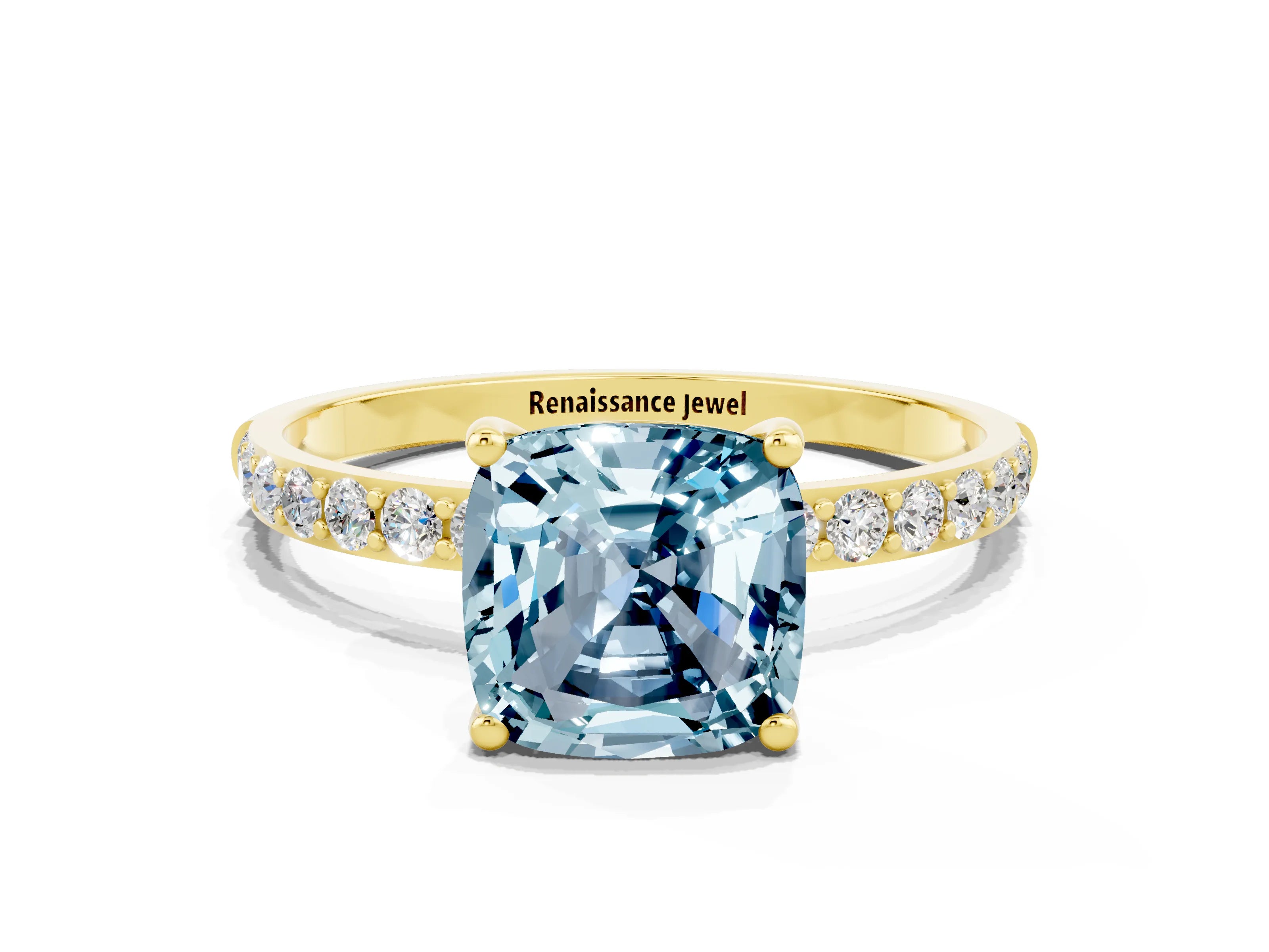 Yellow gold Cushion Cut Diamond Pavé Band with Six-Prong Setting