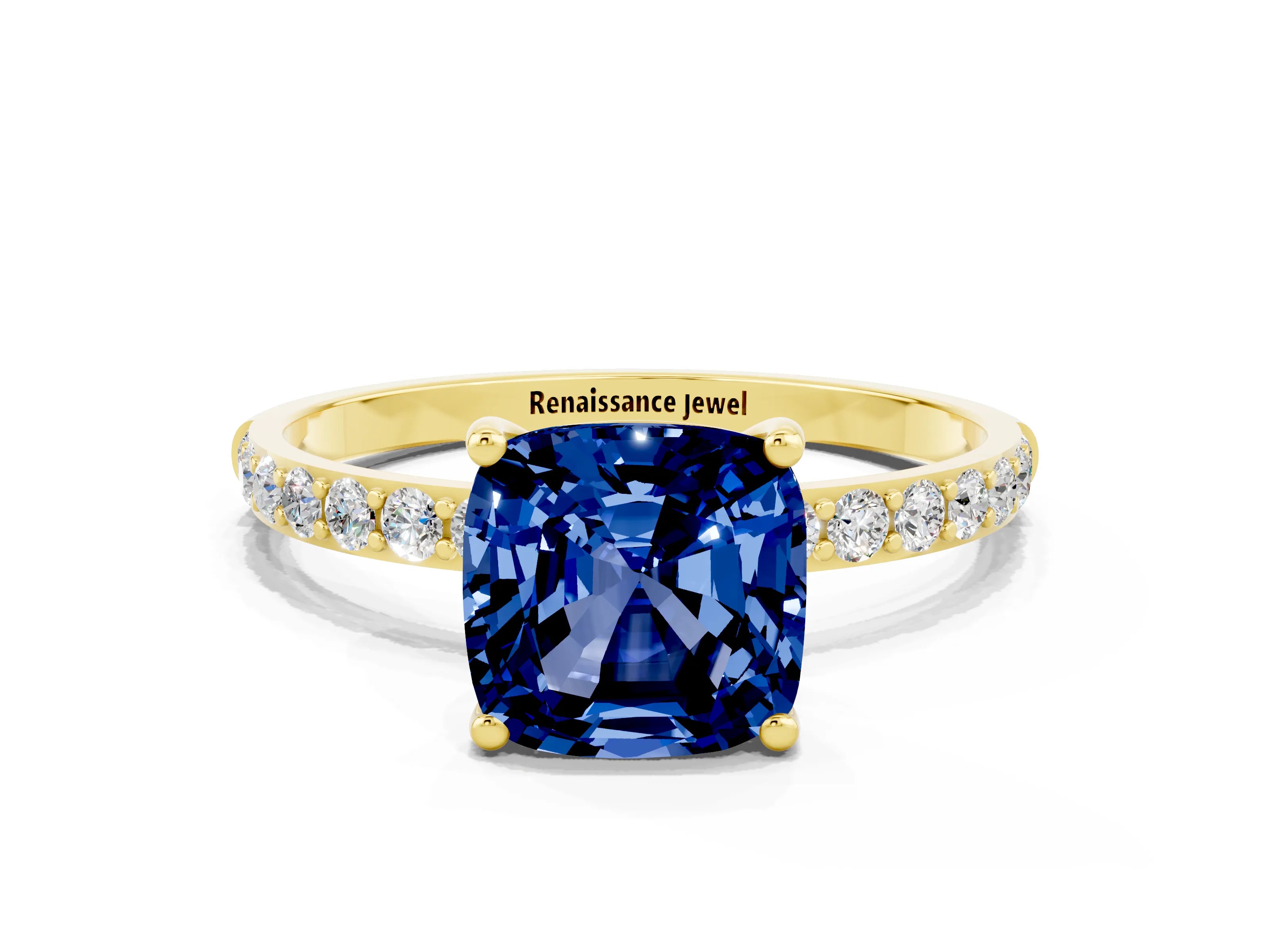 Yellow gold Cushion Cut Diamond Pavé Band with Six-Prong Setting
