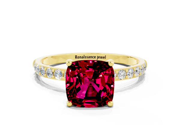 Yellow gold Cushion Cut Garnet Solitaire Ring with Round Pavé Shoulders and Prong Setting